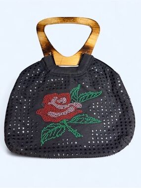 Black‎ Hato Hasi Vintage Sequin Rose Purse with Wooden Handles